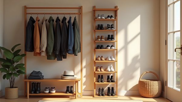 Organiser les manteaux, sacs et chaussures dans une entrée familiale